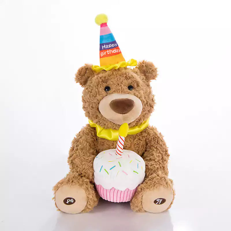 Oso cantor de peluche con pastel como regalo de cumpleaños para amigos