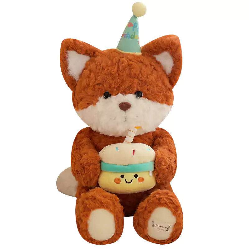 バースデーケーキのクマとキツネのぬいぐるみ