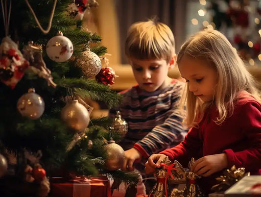 blonde boy and girl are decorating for Christmas by the tree