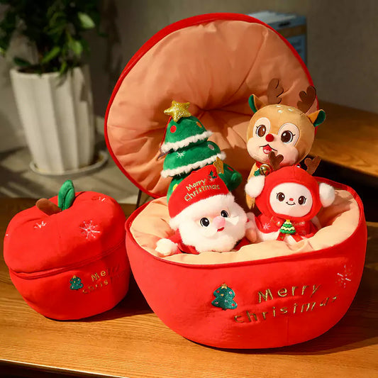Weihnachts-Weihnachtsmann-Schneemann-Plüschtiere, versteckt in einem Apfel als Geschenk für Freunde