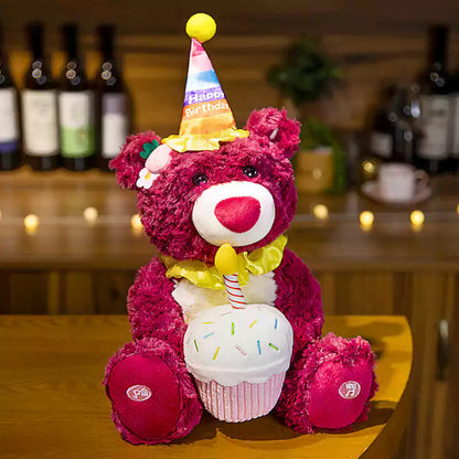 友人への誕生日プレゼントとしてケーキを持った歌うクマのぬいぐるみ