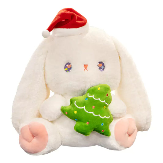plush rabbit doll holding christmas tree